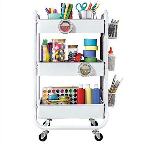 Amazon.com: DESIGNA 3-Tier Metal Rolling Utility Cart with Handle & Removable Pegboard, Extra Office Storage Accessories Craft Art Carts, White: Home & Kitchen Organization Cart, Rolling Utility Cart, Craft Cart, Rolling Storage Cart, Storage Trolley, Storage Accessories, Utility Storage, Art Cart, Rolling Storage