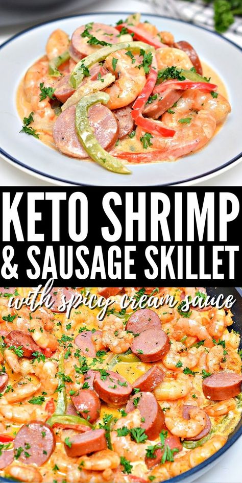 Creamy Spicy Keto Shrimp and Sausage Skillet #ketoshrimpandsausageskillet #shrimpandsausageskillet Keto Shrimp And Sausage Skillet, Low Carb Shrimp And Sausage Recipes, Keto Dinner Sausage Recipes, Optavia Shrimp And Grits, Creamy Keto Tuscan Sausage Skillet, Cajun Shrimp And Sausage Skillet The Best Keto Recipes, Virta Keto Recipes, Easy Keto Fish Recipes, Shrimp And Sausage Keto Dinner