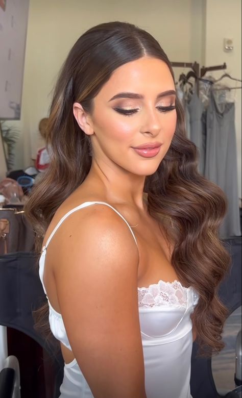 Prom 23 Hair, Cute Bridemaids Hairstyles, Wedding Jewelry Hair Down, Slick Back Hollywood Curls, Slick Sides With Curls, Prom Side Hairstyles, Prom Hair Slick Back Front Pieces, Curled Hairstyles Slick Back, Down Curled Bridesmaid Hair