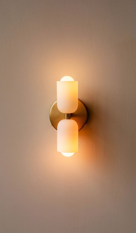 In Common With Enamel White Glass Up Down Sconce – Spartan Shop Calm Aesthetic, Sconces Living Room, Deco Luminaire, Bathroom Sconces, Sconces Bedroom, Brass And Glass, Mid Century Wall, Modern Sconces, Brooklyn New York