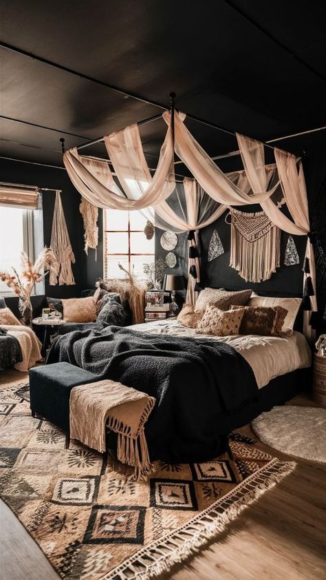 Bedding Ideas Eclectic, Boho Bedroom Fireplace, Black And White Boho Bedroom Ideas, Emo Boho Bedroom, Black Boho Bedroom Ideas, Dark Feminine Bedroom Ideas, Goth Boho Bedroom, Mystical Bedroom Ideas, Black Cozy Bedroom