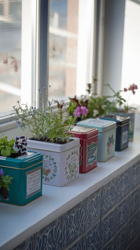 Upcycle old tins into unique plant containers! A sustainable way to add charm to your home. Discover more eco-friendly ideas. #vintagetins #indoorplants Ceramics Nature, Plant Pottery, Old Tins, Houseplants Decor, Plant Store, Plant Containers, Shell Planter, Container Ideas, Eco Friendly Garden