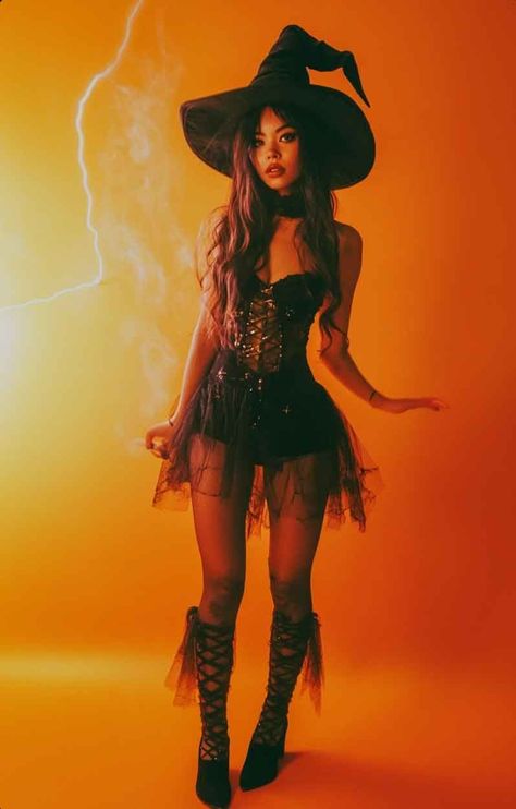 DIY Witch Costume Ideas for Women (Exclusive Ideas + the Best from Instagram) - The Mood Guide Witch Halloween Costume Scary, Diy Fancy Witch Hat, Witch And Cat Halloween Costume, Spooky Cute Costumes, Witch Inspo Halloween, Pink Witch Halloween Costume, Diy Long Gloves, Witch Costume With Corset, Witch Halloween Costume Corset