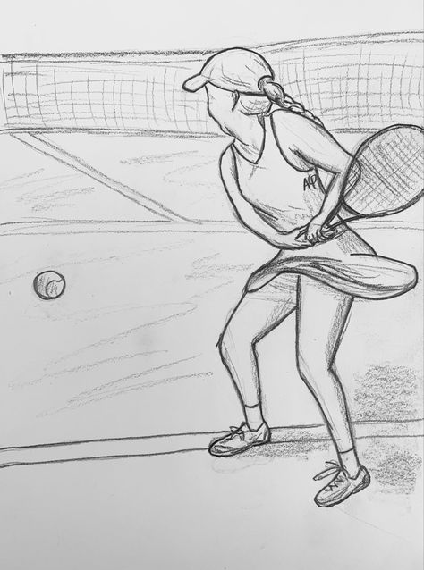 Tennis Net Drawing, Sport Sketches Drawings, Tennis Drawing Art, Volleyball Drawings, Hockey Player Drawing, Tennis Sketch, Sports Sketch, Tennis Backhand, Tennis Drawing