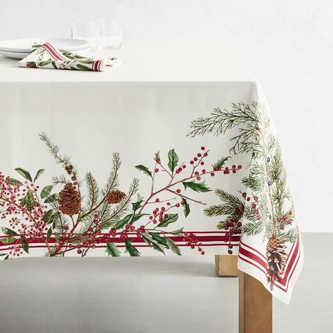 15 Classic Christmas Tablecloths - Pretty Christmas Table Linens Elegant Tablecloth, Christmas Table Linen, Holiday Tablecloths, Plaid Tablecloth, Holiday Dinner Party, Christmas Tablecloth, Christmas Entertaining, Pine Branches, Christmas Table Cloth