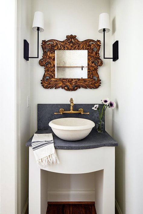 Unique Bathroom Designs Photography Room Ideas, Vintage Powder Room, Half Bath Design, Small Bathroom Paint, Unique Bathroom Design, Powder Room Mirror, Room Mirror, Glass Shower Enclosures, Powder Room Design