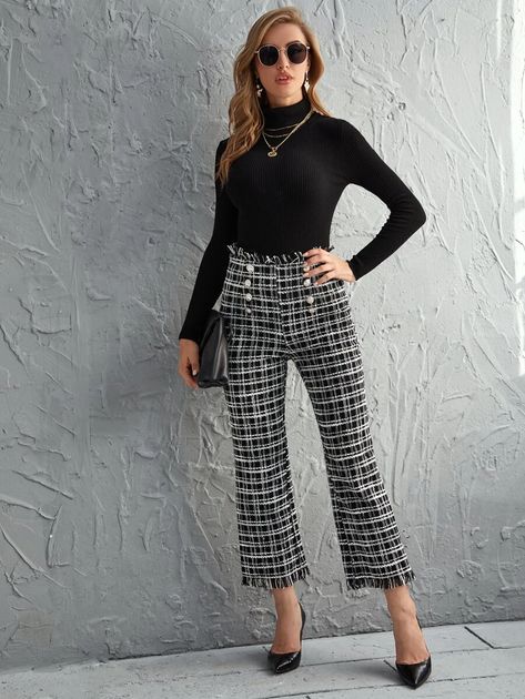 Double Breasted Frayed Trim Tweed Pants | SHEIN Tweed Trousers Outfit, Elegant Fitted Tweed Bottoms, Formal Tweed Bottoms, Winter Tweed Trousers, Chic Black Tweed Bottoms, Elegant Tweed Trousers, Tweed Fashion, Trousers Outfit, Tweed Trousers