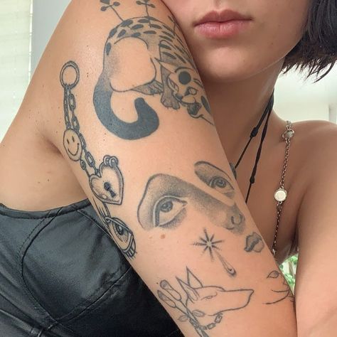 Women’s 3/4 Sleeve Tattoo, Mixed Style Sleeve Tattoo, Woman's Face Tattoo, Eclectic Tattoo Sleeve, One Sleeve Tattoo, Mixed Tattoo Styles Sleeve, Half Sleeve Tattoos Upper Arm, Self Portrait Tattoo, Cute Sleeve Tattoos