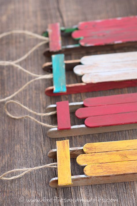 Wooden Sled Ornaments | Fireflies and Mud Pies Popsicle Stick Sled, Jul Diy, Mud Pies, Wooden Craft Sticks, Cheap Christmas Diy, Diy Jul, Diy Christmas Tree Ornaments, Popsicle Stick Crafts, Popsicle Stick