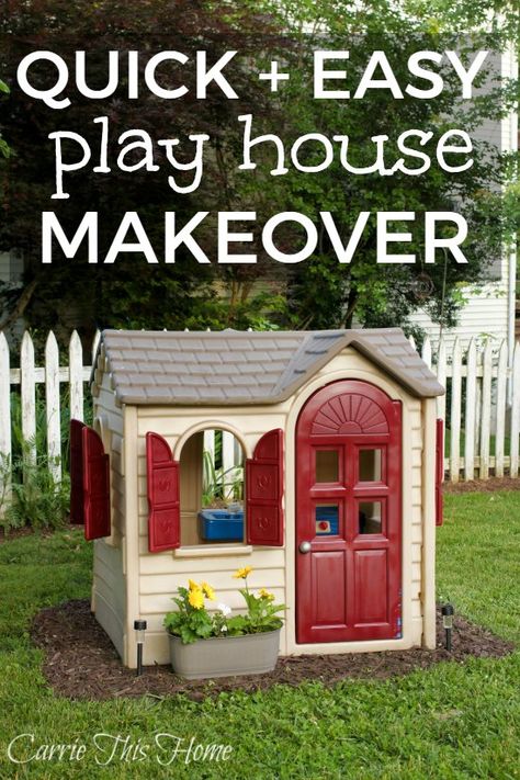 A little paint makes a huge difference! Perfect for those yard sale finds!  Little Tikes House Makeover Painted Playhouse, Diy Playhouse Makeover, Plastic Playhouse, Playhouse Makeover, Childrens Playhouse, Backyard Playset, Indoor Playhouse, Diy Playhouse, Build A Playhouse