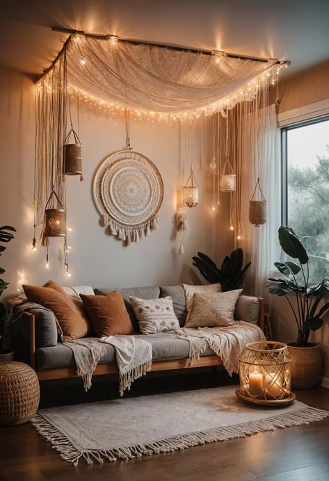 Aesthetic Hang Out Room Ideas, Boho Apartment Aesthetic, Boho Chic Bedroom Ideas, Charlotte Aesthetic, Sala Zen, Boho Fans, Cozy Bohemian Living Room, Casa Dos Hobbits, Cozy Eclectic