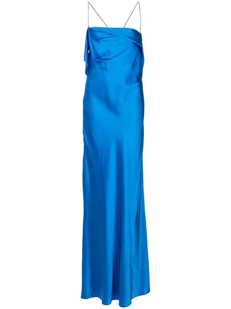 Blue Long Dresses, Spy Aesthetic, Silk Dress Design, Unique Formal Dresses, Bright Blue Dresses, Satin Gowns, Gown Blue, Drape Gowns, Blue Silk Dress