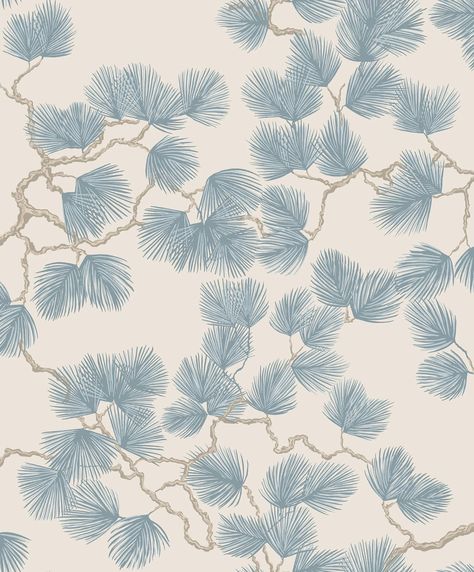 Pine Misty Blue - Wallpaper | Sandberg Wallpaper Pine Wallpaper, Mons Klint, Swedish Wallpaper, Farmhouse Coastal, Sandberg Wallpaper, Yellow Room, Interior Wallpaper, Botanical Wallpaper, Brown Wallpaper