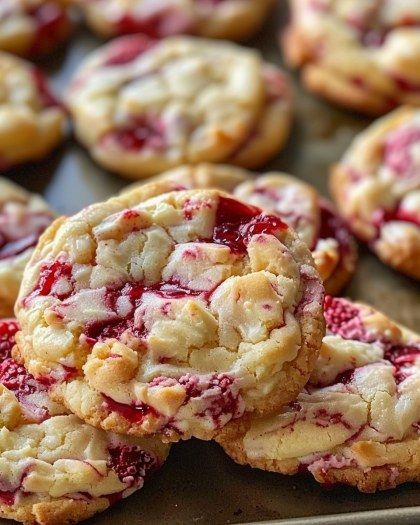 Raspberry Cheesecake Cookies Raspberry Filling For Cookies, Raspberry Desserts Fresh Raspberries, Raspberry Christmas Cookies, Raspberry Cheesecake Desserts, White Chocolate Raspberry Cheesecake Cookies, Desserts With Fresh Raspberries, Raspberry Cream Cheese Bites, Recipes With Fresh Raspberries, Frozen Raspberry Desserts