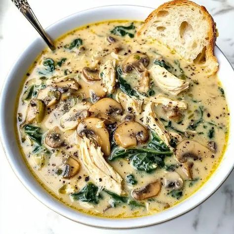 Rotisserie Chicken Mushroom Soup - Miarecipes Creamy Rotisserie Chicken Mushroom Soup, Chicken Mushroom Soup Recipe, Chicken Mushroom Soup, Easy Mushroom Soup, Rotisserie Chicken Soup, Recipes Using Rotisserie Chicken, Healing Soup, Chicken Mushroom, Mushroom Soup Recipes