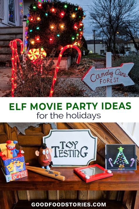 decoration ideas inspired by the movie Elf: a candy cane forest and toy testing station Elf Birthday Ideas Kids, Buddy The Elf Outdoor Decorations, Elf Christmas Movie Night, Buddy The Elf Party Invitations, Elf Movie Party Decorations, Elf On The Shelf Party Theme, Elf Movie Themed Party, Themed Christmas Movie Night, Elf Party Decorations