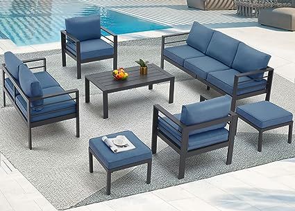 AECOJOY Aluminum Patio Furniture Set, Modern Outdoor Patio Furniture with Coffee Table, 7 Pieces Outdoor Conversation Set with Navy Blue Cushions for Balcony, Porch, Lawn and More Coffee Table For Balcony, Modern Outdoor Patio Furniture, Metal Garden Furniture, Aluminium Garden Furniture, Modern Outdoor Patio, Aluminum Patio Furniture, Metal Patio Furniture, Modern Patio Furniture, Best Outdoor Furniture