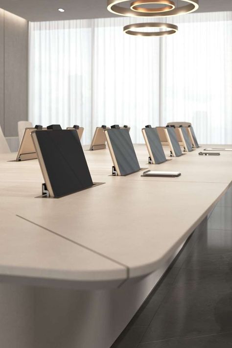 modern boardroom meeting table with integrated screens and microphones Executive Meeting Room, Boardroom Design Corporate, Meeting Table Design Modern, Luxury Corporate Office, Luxury Boardroom, Futuristic Meeting Room, Luxury Meeting Room, Meeting Room Design Creative, Meeting Room Table Design