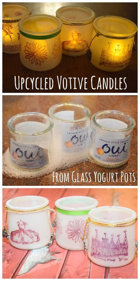 Oui Yogurt Jars Ideas, Oui Yogurt, Yogurt Jars, Jars Ideas, Crafts With Glass Jars, Wine Bottle Diy Crafts, Wine Bottle Diy, Floating Shelves Diy, Yogurt Cups