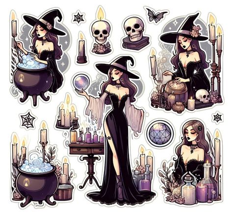 Halloween Stickers Printable, Witchy Stickers, Helloween Wallpaper, Scrapbook Printing, Scrapbook Stickers Printable, Magical Art, Witch Art, Vintage Poster Art, Halloween Stickers