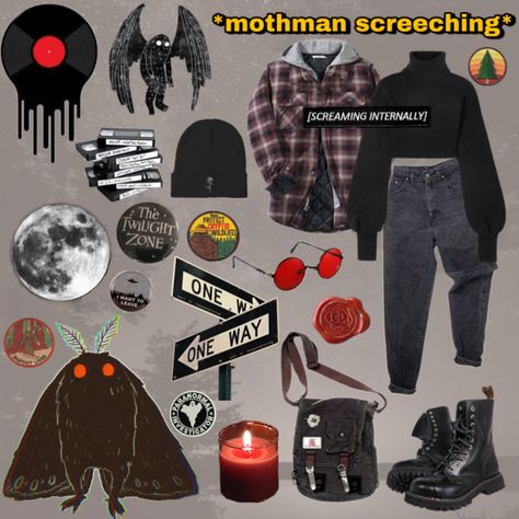 Cryptid Costume Ideas, Cryptid Core Clothes, Mothman Aesthetic Outfit, Paranormal Investigator Aesthetic Outfits, Mothman Inspired Outfit, Cryptid Hunter Aesthetic Outfit, Cryptic Outfit, Cryptid Academia Outfits, Mothman Outfit