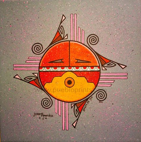 SIGNED AND MATTED PRINT 3 SIZES AVAILABLE Title: Santa Fe Sun Gray    Artist: Jerome L. Martinez A Unique but Traditional Sun Symbol Added also is just a flair of the sacred Zia Sun symbol. Surrounded by swirls of wind symbols and turkey feather designs.  I am from San Ildefonso Pueblo, have been painting for over 40 years. Please feel free to contact me with your questions. The overall MATTED dimensions are 8x10, 11x14, and 16x20 inches. The IMAGE design dimentions are 5x7, 8x10, and 11x14 inch Native Indian Art, Southwest Wallpaper, Zia Sun Symbol, Native American Art Projects, Navajo Art, Native American Decor, Sun Symbol, Native American Paintings, Native American Patterns