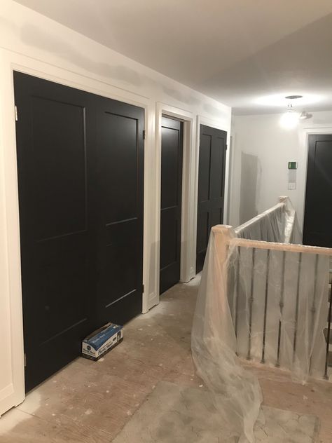 Painted black interior doors Shaker style Shaker Closet Doors, Modern Farmhouse Interior Doors, Farmhouse Interior Doors, Modern Farmhouse Interior, Kitchen 2023, Black Interior Doors, Shaker Style Doors, Farmhouse Interior, Closet Doors