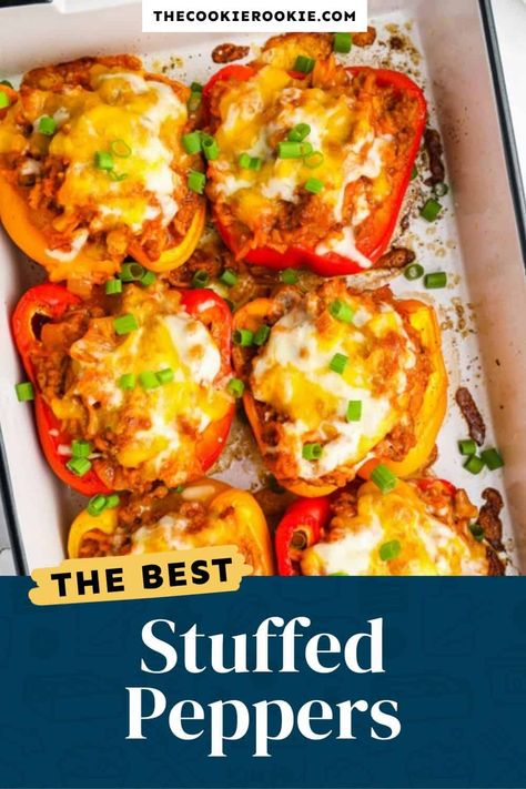 Stuffed Peppers is a classic recipe of rice, beef, spices, and tomato sauce all cooked and stuffed inside of bell peppers and topped with melty cheese. This easy stuffed peppers recipe makes the perfect healthy lunch to meal prep and bring to work! This healthy recipe is also a great dish for the whole family to incorporate more vegetables into meals! Betty Crocker Stuffed Peppers Recipe, Half Stuffed Bell Peppers, Recipe For Stuffed Green Peppers, Stuffed Bell Peppers Small Batch, Stuffed Peppers With Sweet Potato, Stuffed Bell Peppers With Corn, Recipe Stuffed Bell Peppers, Stuffed Bell Peppers With Spaghetti Sauce, Stuffed Bell Peppers Pork