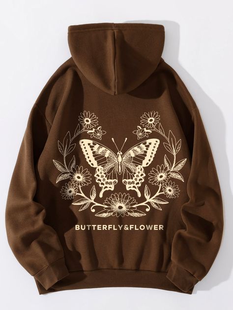 Coffee Brown Casual  Long Sleeve Polyester Letter,Butterfly Pullovers Embellished Slight Stretch Fall/Winter Women Sweatshirts Graphic Hoodies Aesthetic, Flower Brown, Aesthetic Hoodies, Flower Hoodie, Hoodies Aesthetic, Brown Hoodie, Thermal Hoodie, Hoodie Aesthetic, Stylish Hoodies