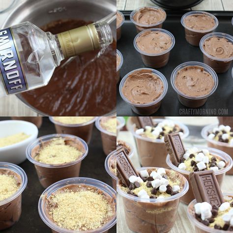 S'mores Pudding Shots - Crafty Morning Smores Shots, Smores Pudding, Cool Whip Topping, Chocolate Pudding Shots, Pudding Shot Recipes, Marshmallow Vodka, Jello Pudding Shots, Crafty Morning, Pudding Shots