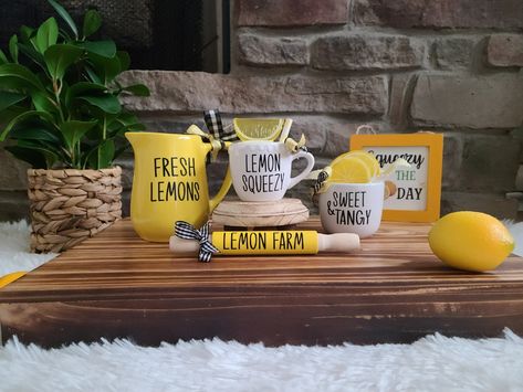 Lemon Tiered Tray Bundle/farmhouse Decor/lemon Decor/mix and | Etsy Mini Bar Cart Target, Target Mini Bar Cart, Summer Bar Cart, Mini Bar Cart, Lemon Tiered Tray Decor, Lemon Farm, Wood Canisters, Summer Tiered Tray Decor, Mini Wood Signs