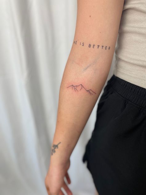 Aspen Mountain Tattoo, 5280 Tattoo Colorado, Mountain Tattoo With Bible Verse, Forearm Tattoo Women Mountains, Fine Line Mountain Range Tattoo, Female Forearm Tattoo Ideas Simple, Up North Tattoo, Fine Line Mountain Tattoo Forearm, Vermont Mountain Tattoo