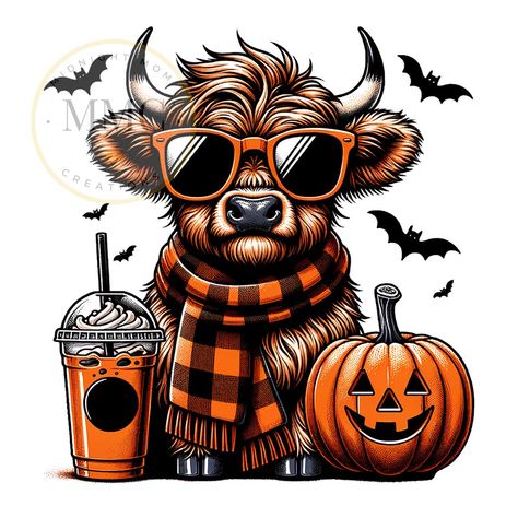 Cow Halloween Wallpaper, Highland Cow Pumpkin Carving, Highland Cow Halloween, Fall Sublimation Designs Free, Halloween Png Images, Free Sublimation Designs For Shirts, Free Sublimation Downloads, Sublimation Designs Free, Cow Cartoon Images