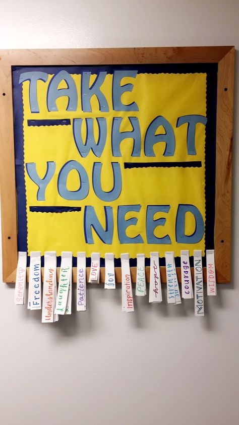 RA Bulletin Board - Take What You Need Bulletin Board Take What You Need, Take What You Need Bulletin Board, Take What You Need Board, English Bulletin Boards, Cool Bulletin Boards, Class Board Decoration, School Nurse Office, Art Bulletin Boards, Academic Advising