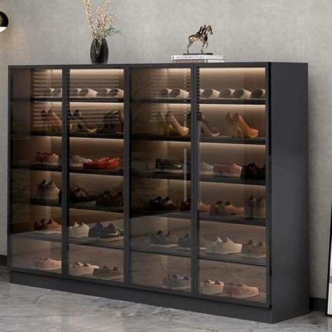 Shoe Rack Glass, Shoe Storage Wardrobe, Garage Shoe Rack, Shoe Rack Cabinet Design, Shoe Storage Cabinet With Doors, Shoe Storage Design, Shoe Cabinet Design, Shoe Rack Ideas, Shoe Cabinet Entryway