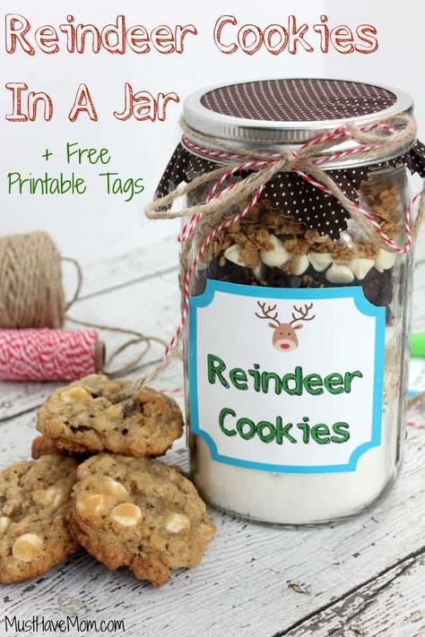 Jar Food Gifts, Mason Jar Cookie Recipes, Mason Jar Mixes, Mason Jar Cookies Mix, Cookies In A Jar, Homemade Dry Mixes, Mason Jar Cookies, Reindeer Cookies, Dessert In A Jar