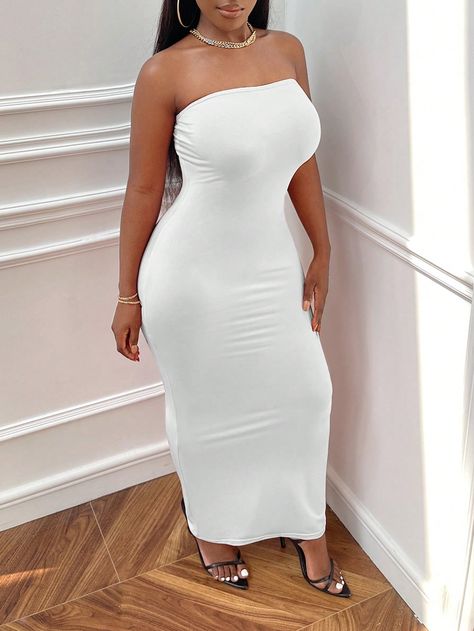 SHEIN SXY Solid Tube Bodycon Dress White Dress Black Heels, Bodycon Dress Outfit Classy, White Bodycon Dress Outfit, White Tube Dress, Vestidos Maxi, Body Con Dress Outfit, White Tube, White Strapless Dress, White Bodycon Dress