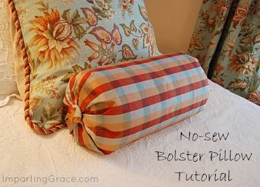 No-sew Bolster Pillow Tutorial | ImpartingGrace.com No Sew Pillow Covers, Neck Roll Pillow, Diy Pillow Covers, Roll Pillow, Pillow Tutorial, Sewing Pillows, Round Pillow, Bolster Pillow, Diy Pillows