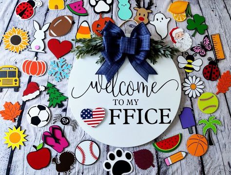 Excited to share the latest addition to my #etsy shop: Interchangeable Office Welcome Sign | Interchangeable Wooden Sign | Welcome To My Office | Office Door Decor | Home Decor | https://etsy.me/42kNXlg Office Welcome Sign, Office Door Decor, Painted Wood Shapes, Interchangeable Wreath, Home Office Doors, Small Office Decor, Office Door Signs, Door Signs Diy, Office Decorating