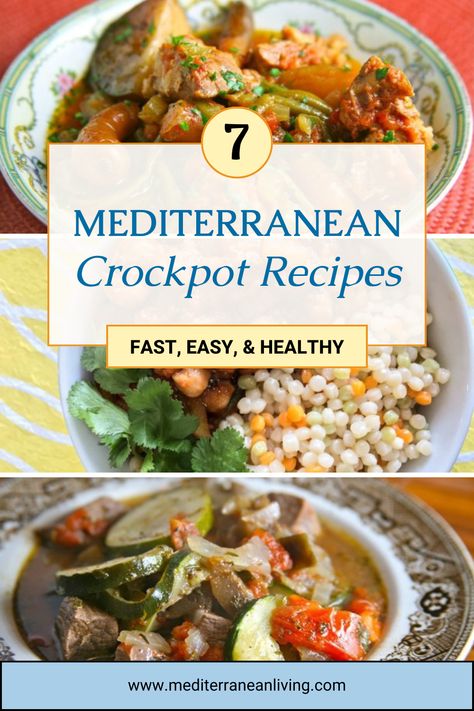 Do you have a Crockpot or slow cooker? These 7 Mediterranean Crockpot recipes are great for busy people who want a delicious homemade meal after a long day! If you spend a little time the night before prepping the ingredients, you’ll be ready to throw a meal together quickly that will stew all day while you’re at work. There’s nothing better than coming home to a house that smells of a homecooked meal. #CrockpotRecipes #SlowCookerMeals #MediterraneanDiet #ComfortFood #MediterraneanCooking Mediterranean Stew Crock Pot, Mediteranian Crockpot Recipes, Meditteranean Meal Prep, Crockpot Healthy Meal Prep, Mediterranean Diet Crockpot Meals, Slow Cooker Mediterranean Diet Recipes, Mediterranean Diet Crock Pot Recipes, Healthy Dinner Recipes Slow Cooker, Mediterranean Winter Recipes