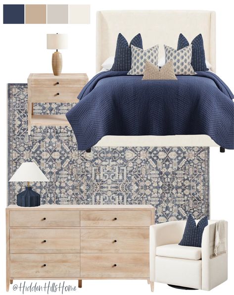 Blue Cream Bedroom, Tilly Upholstered Bed, Navy Bedrooms, Neutral Bedroom Decor, Beige Bed, Bedroom Decor Inspiration, Bedroom Space, Small Apartment Decorating, Neutral Bedroom