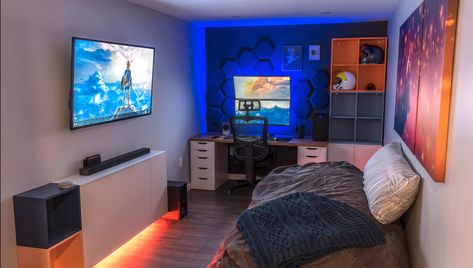 Bedroom Video Game Room - Decoist Game Room Ideas, Bed Room, Game Room, The Wall, Room Ideas, Gaming, Desk, Screen, Tv