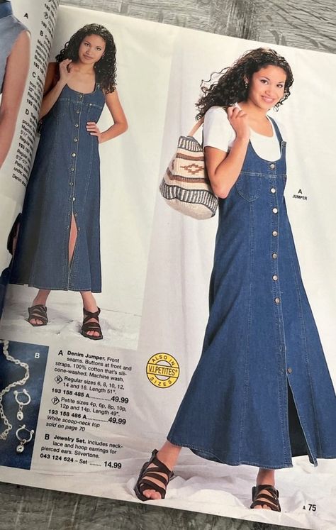 Embroidery Patterns For Dresses, 1990s Dresses Casual, 90s Jean Dress Outfit, 90s Mom Aesthetic Fall, 90s Denim Dress Outfit, 90s Maxi Dress Outfit, Denim Maxi Dress Outfit, Long Denim Dress Outfit, 90s Mom Outfit