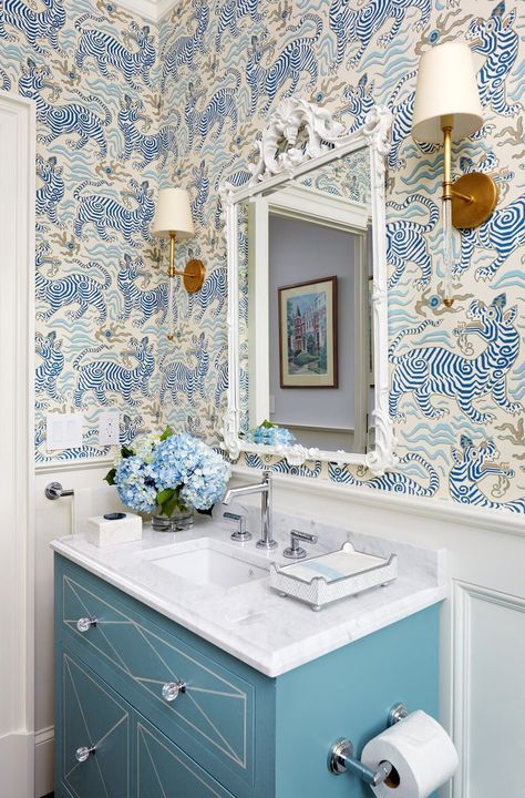 Powder Room Wallpaper, Powder Room Design, Beach Chic, Bathroom Wallpaper, Beautiful Bathrooms, Vanity Sink, Lake Michigan, Interior Design Trends, Bathroom Inspiration