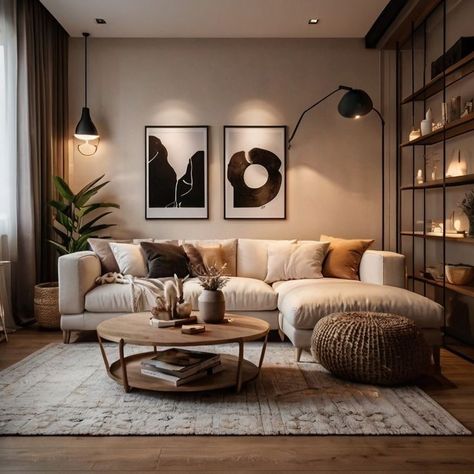 Sleek Living Room Ideas, Apartment Living Room Modern Luxury, Wallart Interior Design, Modern Lounge Design Living Rooms, Living Room Designs Brown Floor, Beige Walls Interior, Home Decor Minimalist Cozy, Apartment Living Room Beige Couch, Contemporary Scandinavian Living Room