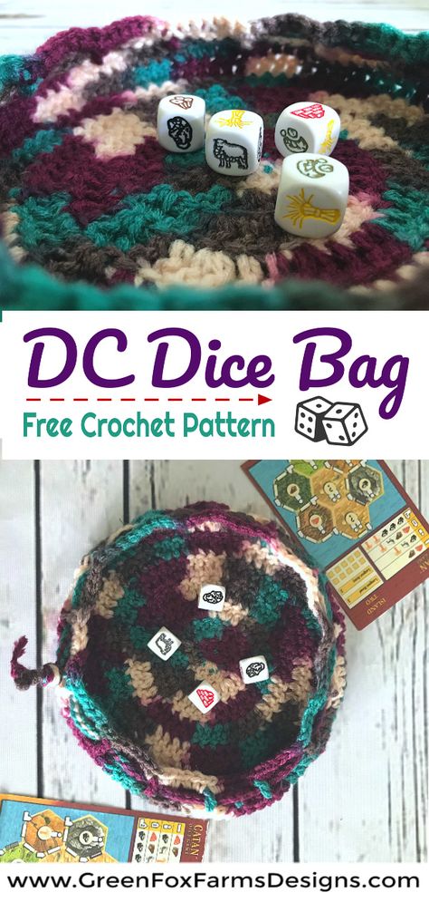 DC Dice Bag and Tray - Free Crochet Pattern • Green Fox Farms Designs Free Nerdy Crochet Patterns, Crochet Dice Bag, Crochet Dice, Crocheting Bag, Crochet Drawstring, Crochet Hack, Crochet Shell Stitch, Crochet Geek, Easy Crochet Projects