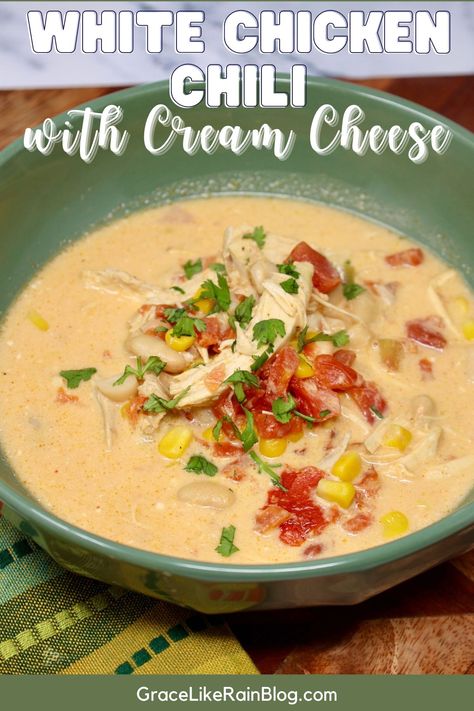 White Chicken Chili Recipe With Cream Cheese - Grace Like Rain Blog: Recipes From Our Family to Yours White Chicken Chili Cream Cheese, Chicken Chili With Cream Cheese, Chili With Cream Cheese, Stovetop Appetizers, Green Salad Dressing, Cream Cheese Chicken Chili, Recipe With Cream Cheese, White Chicken Chili Recipe, Creamy White Chicken Chili