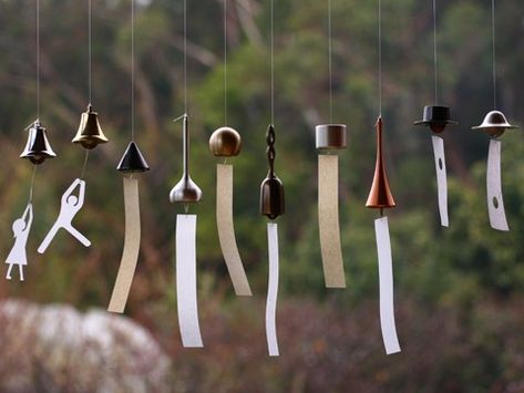 Japanese brass wind bells by Nousaku Japanese Bell, Picnic Cafe, Wind Bells, Japanese Wind Chimes, Unique Wind Chime, Japanese Home Design, Wind Bell, Diy Wind Chimes, Hanging Bell