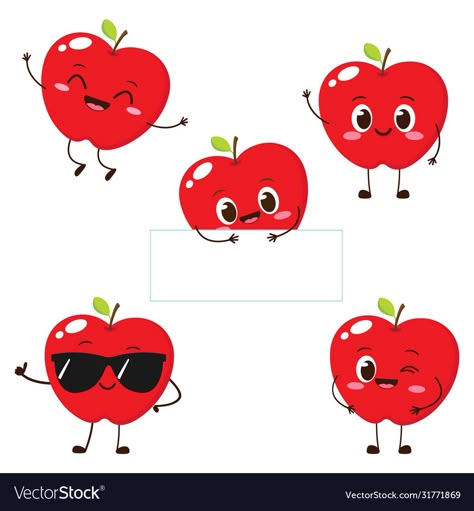 Apple Vector Illustration, Apple Character Design, Happy Cute Cartoon, Apple Character, Healthy Vegetarian Food, Apple Cartoon, Apple Emoji, Food Character, Cartoon Apple