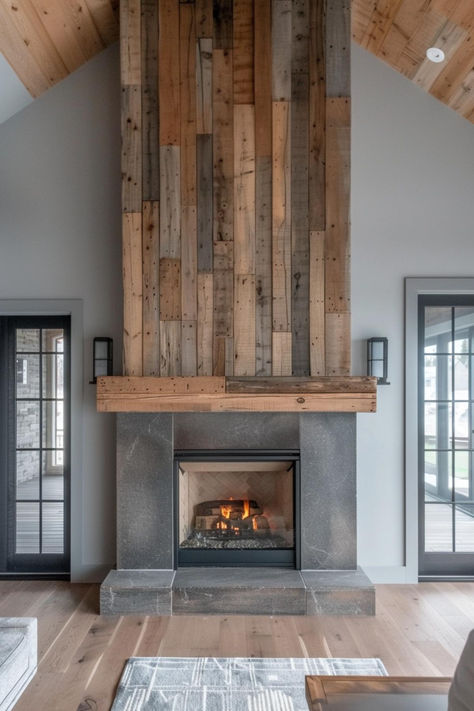 40 Gorgeous Farmhouse Fireplace Ideas for Your Dream Home Wood Wall Fireplace Surround, Rustic Gas Fireplace, Rustic Modern Fireplace, Wood Burning Fireplace Ideas, Gas Fireplace Ideas, Industrial Style House, Arched Fireplace, Farmhouse Fireplace Ideas, Vine Maple